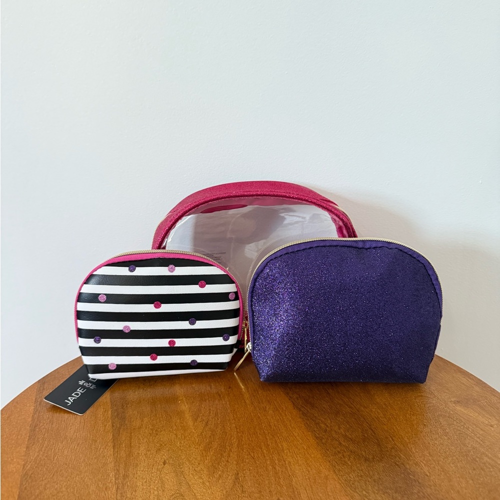NWT Jack&Deer,Three Cosmetic Bags Set, Pink, Purple, Striped Polka dot, glitter